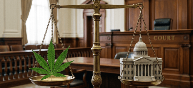 Justice scale with cannabis leaf on one side and government building on the other in courtroom